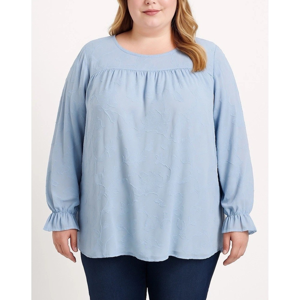 Fulingo Women's Blouse Tunic Blue Round Neck Long Sleeve Texture Floral Size 2xL